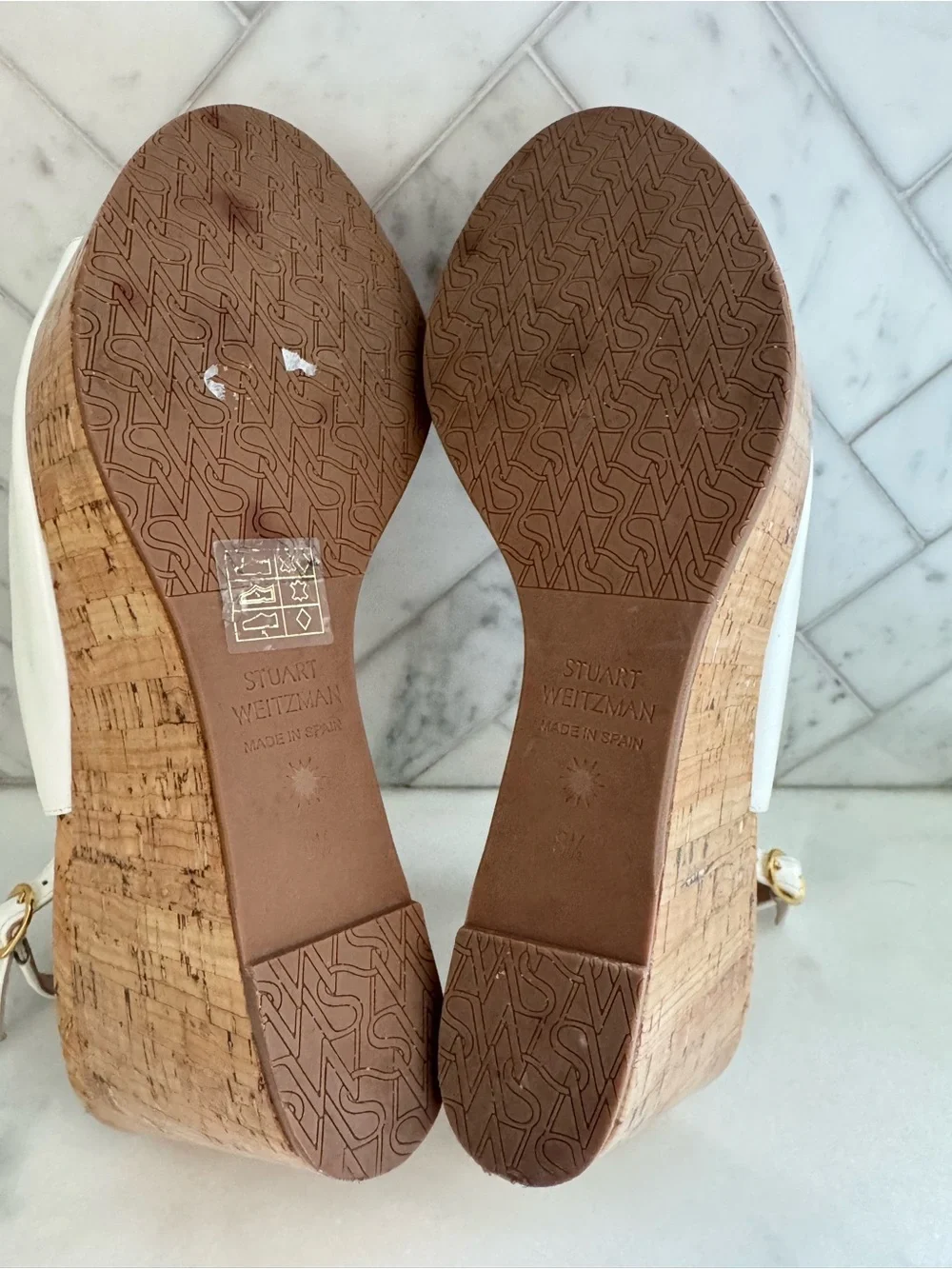 Stuart Weitzman White Patent Cork Platform Wedge Slingbacks 8.5 - Picture 7 of 15